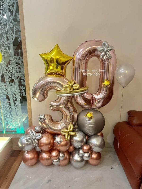 30th number and 10 helium balloon